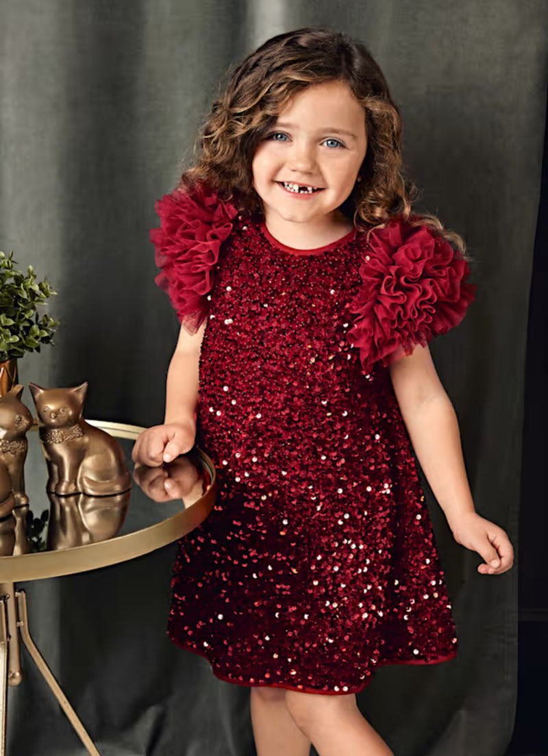 Abel & Lula Ruby Red Sequin Puff Sleeve Dress 5529
