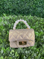 Girls’ Metallic Vegan Leather and Pearl Strap Crossbody Purse