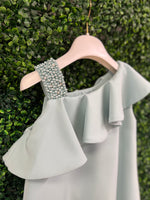 Bimbalo’ Girls' Blue Crepe Asymmetrical Dress with Rhinestone and Pearl Accento