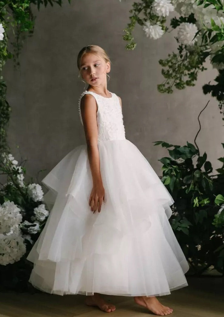 Teter Warm V-Back Floral Lace Bodice with Pearl Detail, Tiered Skirt GS07 8 / Off White Teter Warm V-Back Floral Lace Bodice with Pearl Detail, Tiered Skirt GS07 8 / Off White