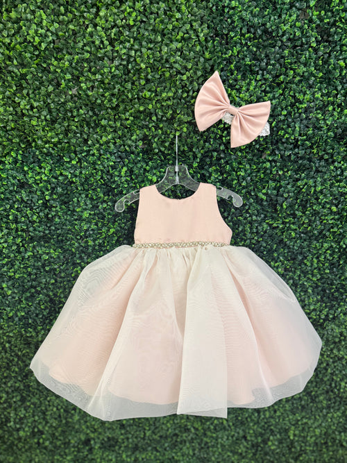 Nan & Jan Blush Satin and Organza Dress with Pearl and Rhinestone Belt