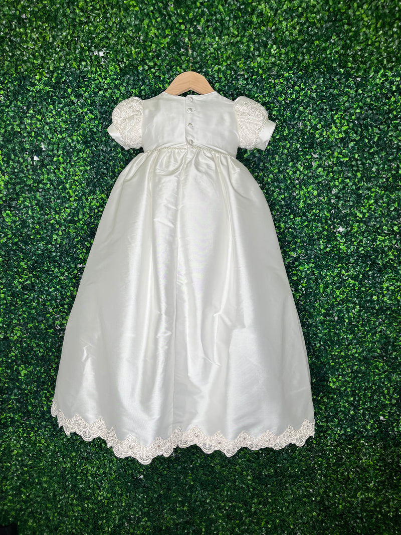 silk baptism dress Girls 32" White Silk Christening Baptism Gown with Smocked Bodice