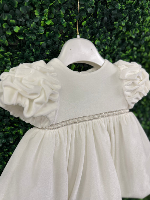 Bimbalo’ Girls' White Velvet Dress with Rhinestone and Pearl Accent