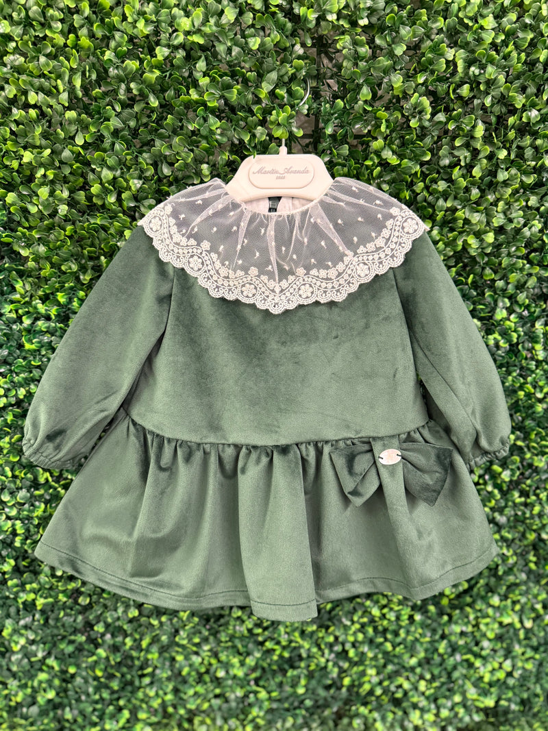 Martin Armanda Girls’ Velvet Green Lace Collar Shift Dress