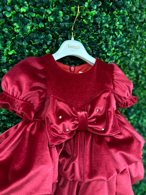 Bimbalo’ Girls' Red Velvet Crunch Sleeve Tier Bubble Dress with Bow