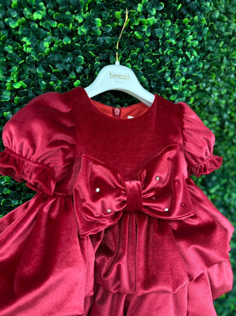 Bimbalo’ Girls' Red Velvet Crunch Sleeve Tier Bubble Dress with Bow