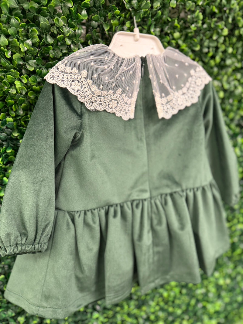 Martin Armanda Girls’ Velvet Green Lace Collar Shift Dress