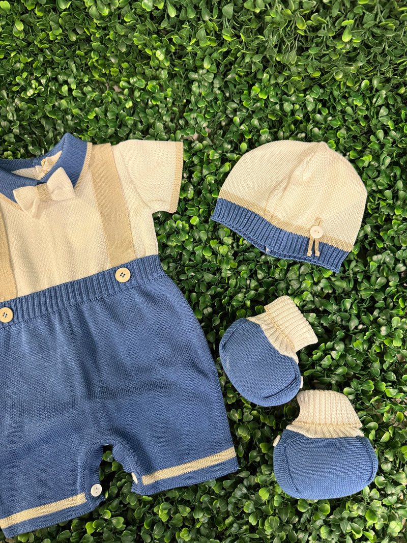 Made in Italy! Bimbalo Boys Blue Faux Suspender Cotton Romper Set