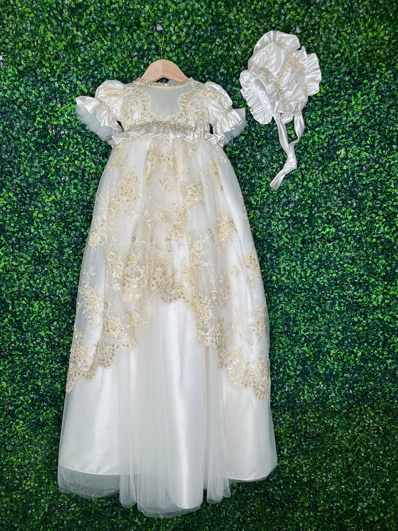 Piccolo Bacio Couture Girls Baptism Gown Sabrina Gold 6 Months / Dress / Off White Piccolo Bacio Couture Girls Baptism Gown Sabrina Gold 6 Months / Dress / Off White
