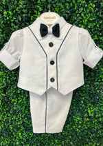 Bimbalo Boy's 5 Piece Linen White and Navy Shorts and Vest Outfit with Cap 6653