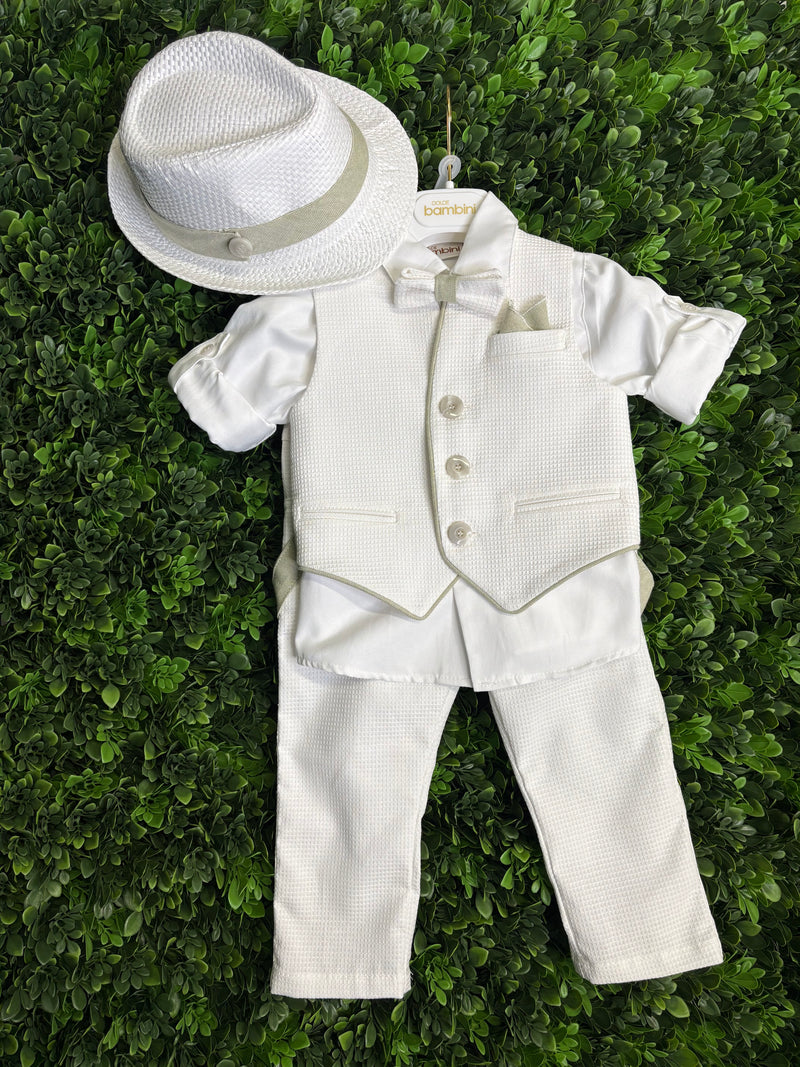 Dolce Bambini Boys' 6 Piece White and Sage Suit Hat Set