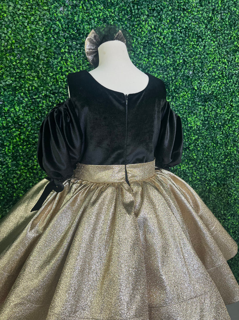 Girls Party Dress Lame Puff Shoulder 6 / Black/Gold Girls Party Dress Lame Puff Shoulder 6 / Black/Gold