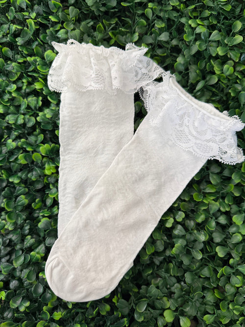 Meia Pata Girls’ Lace Knee Socks with Lace Ruffle