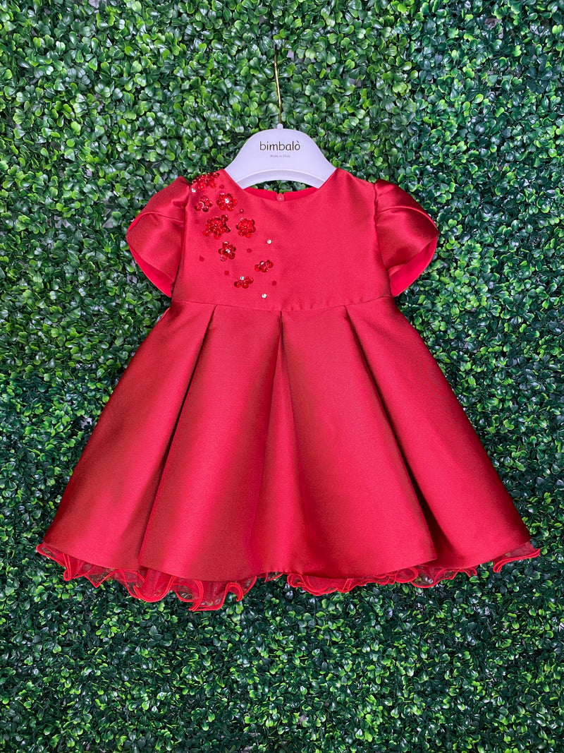 Bimbaló Red Taffeta Beaded Box Pleat Dress