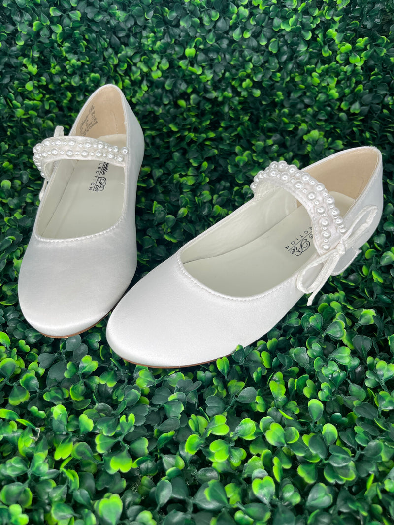 Girls Sweetie Pie Pearl White Satin Flat 136