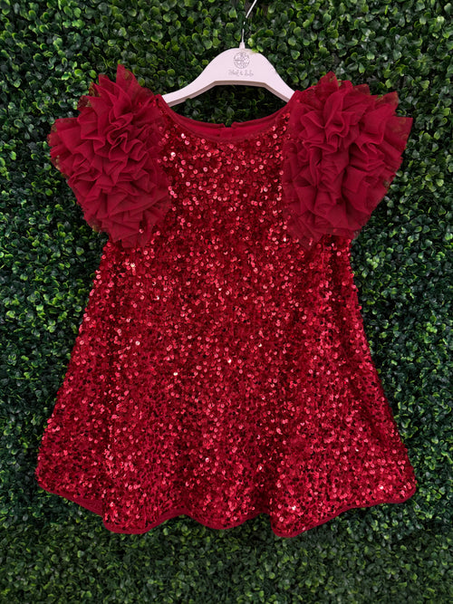 Abel & Lula Ruby Red Sequin Puff Sleeve Dress 5529