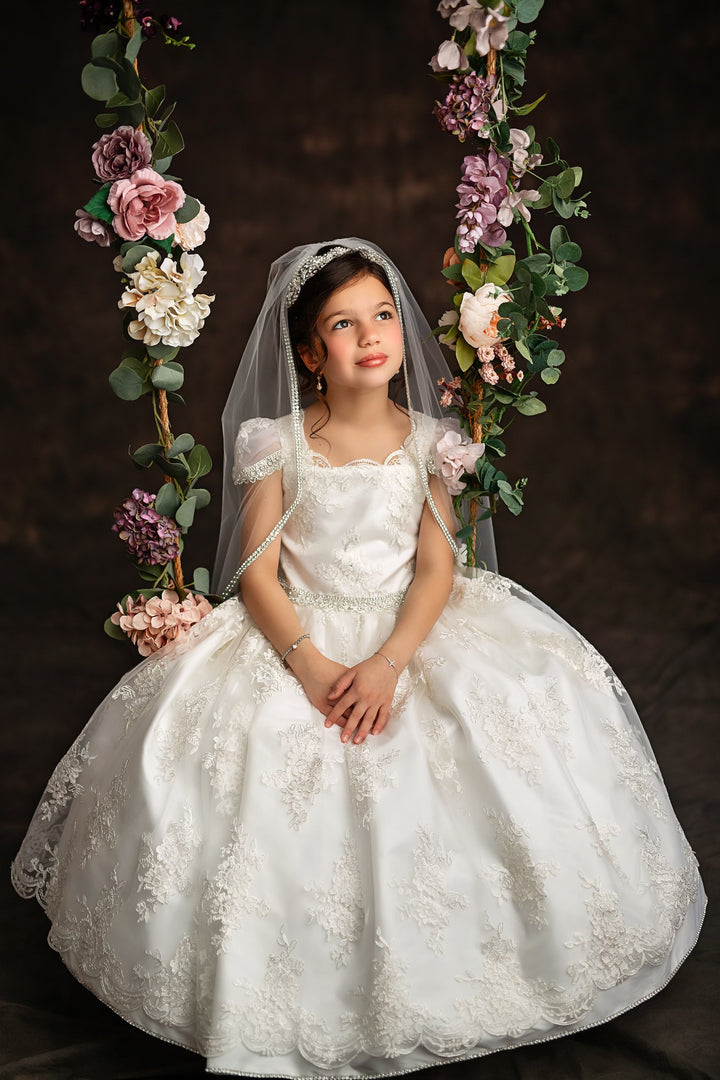 designer first communion dresses Puffed Sleeves Lace and Satin First Communion Dress Celestial 3302 Pre-order 2-3 years / As in the photo (Ivory)