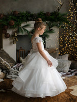 Teter Warm Lace Cap Flutter Sleeve Layered Gown SK41