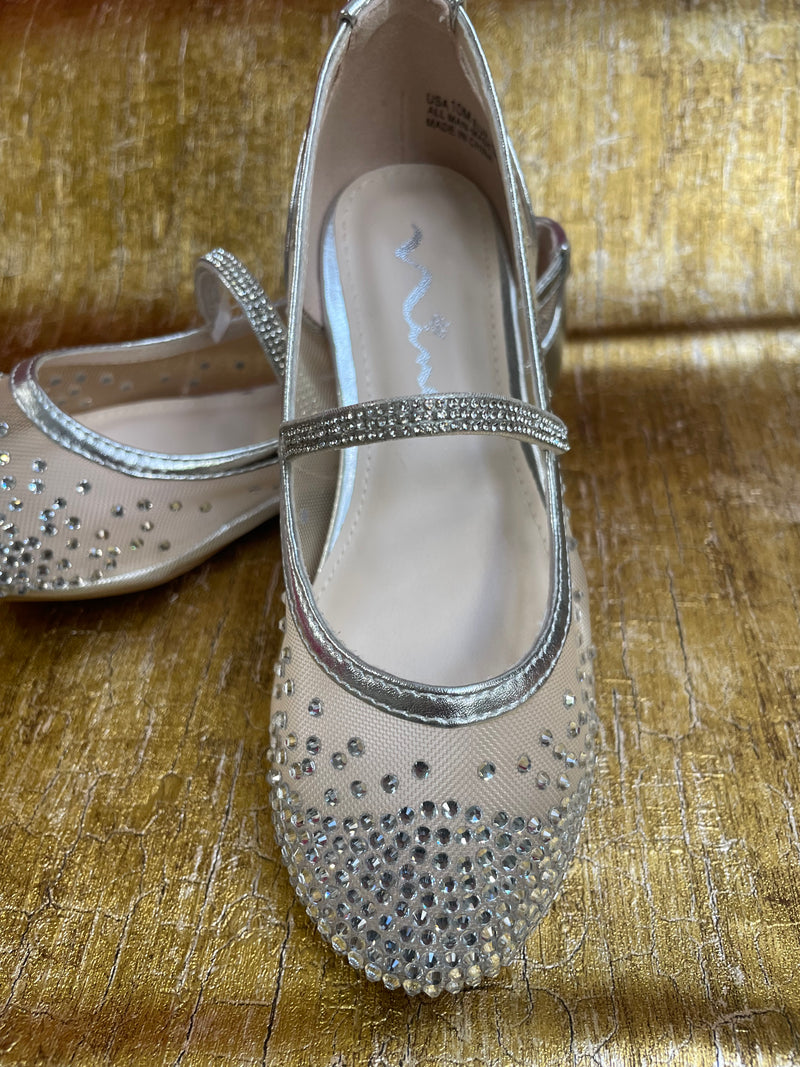 Nina Girls’ Silver Mesh Flats with Rhinestone Detail