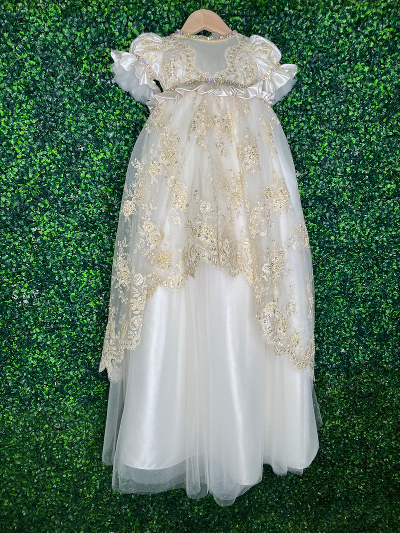 Piccolo Bacio Couture Girls Baptism Gown Sabrina Gold 6 Months / Dress / Off White Piccolo Bacio Couture Girls Baptism Gown Sabrina Gold 6 Months / Dress / Off White