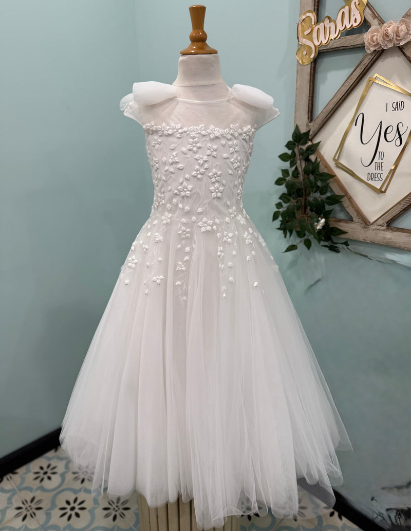 Michelina Bimbi Floral Embroidery Bow Shoulder Communion A-lineGown J4211