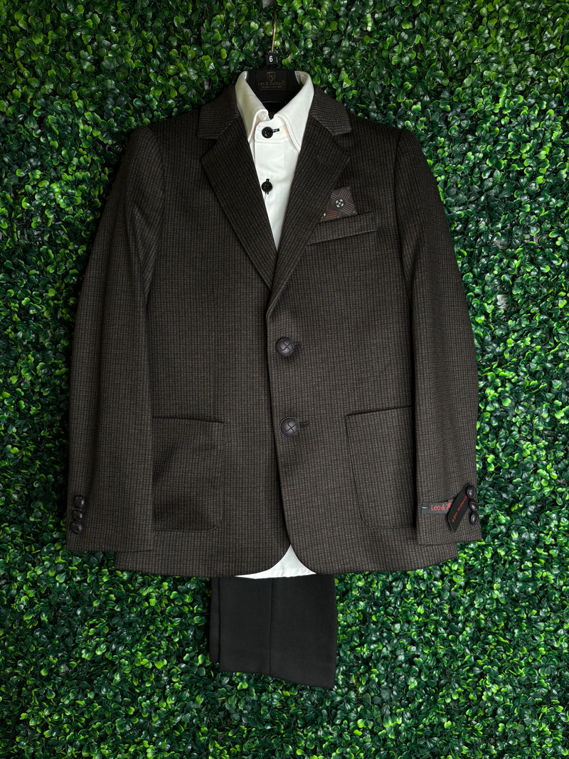 Leo & Zachary Boys Mocha Brown Plaid 3 Piece Suit