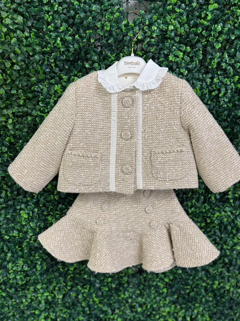 Bimbalò Girls' Gold Tweed Lady Jacket and Skirt 3 Piece Set