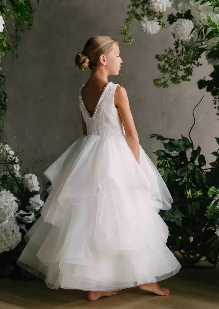 Teter Warm V-Back Floral Lace Bodice With Pearl Detail, Tiered Skirt GS07 8 / Off White Teter Warm V-Back Floral Lace Bodice With Pearl Detail, Tiered Skirt GS07 8 / Off White