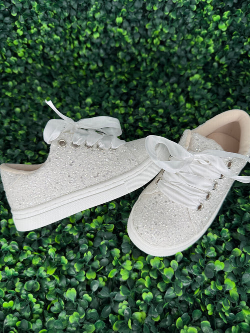 Girls’ White Glitter Sneaker with Ribbon Laces - S189B