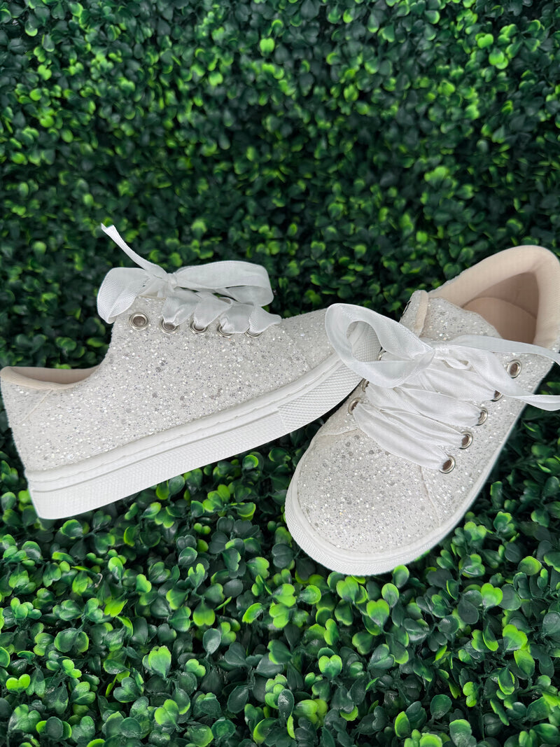 Girls’ White Glitter Sneaker with Ribbon Laces - S189B