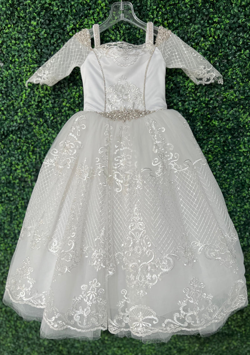 Piccolo Bacio Custom Made Couture Metallic Lace Applique Communion Dress Renee
