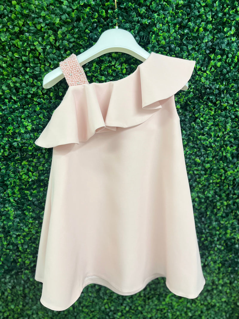 Bimbalo’ Girls' Crepe Asymmetrical Dress with Rhinestone and Pearl Accent