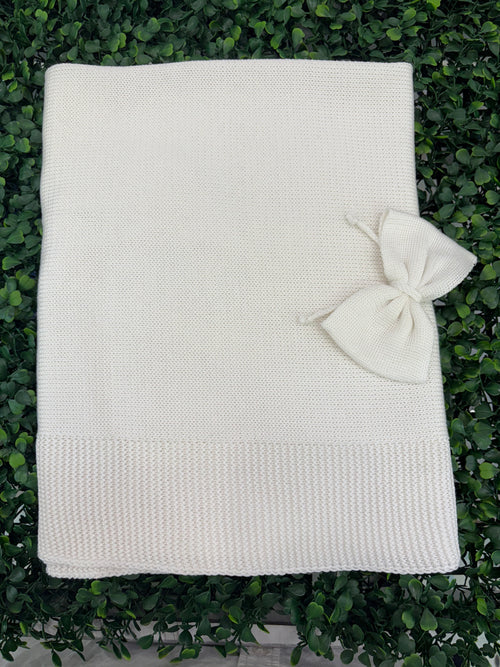 Bimbalo Made in Itay! Girl’s White Cotton Knit Bow Blanket