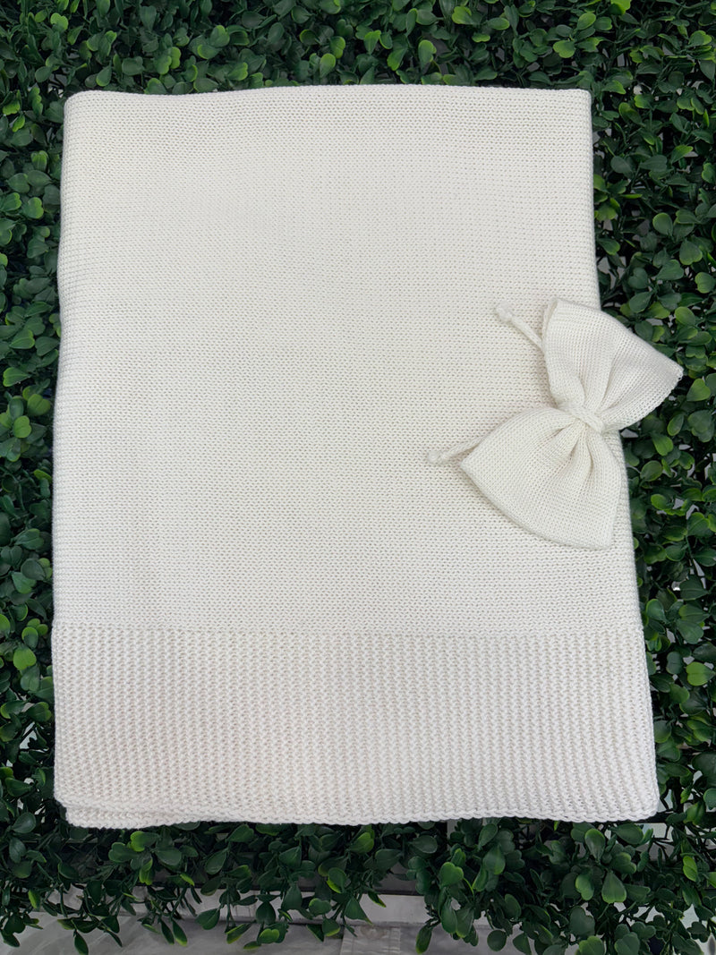 Bimbalo Made in Itay! Girl’s White Cotton Knit Bow Blanket