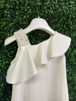 Bimbalo’ Girls' White Crepe Asymmetrical Dress with Rhinestone and Pearl Accento