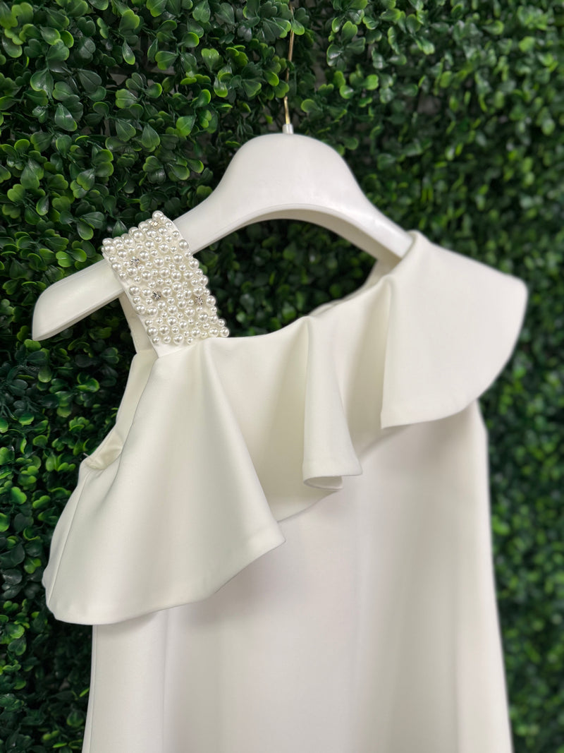 Bimbalo’ Girls' White Crepe Asymmetrical Dress with Rhinestone and Pearl Accento