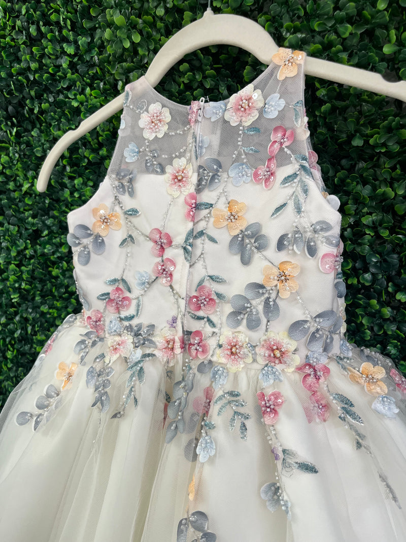 Joan Calabrese Ivory Multi Colored Flower Dress with Tulle Skirt 25322
