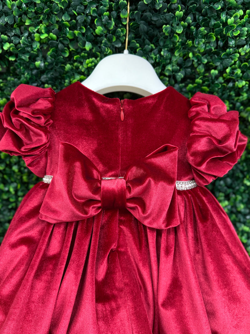 Bimbalo’ Girls' Red Velvet Dress with Rhinestone and Pearl Accent