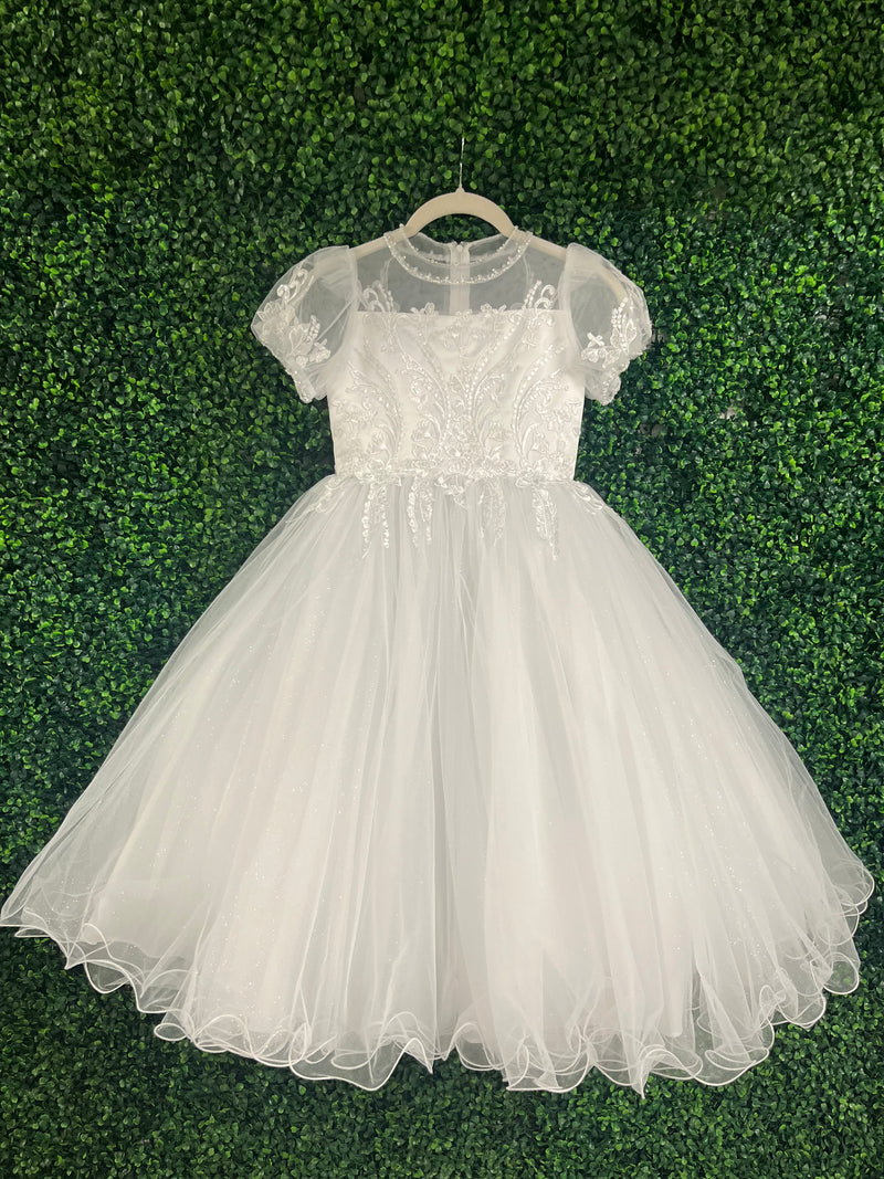 Rosabella Tulle Gown with Floral Design and Puff Sleeve RB653