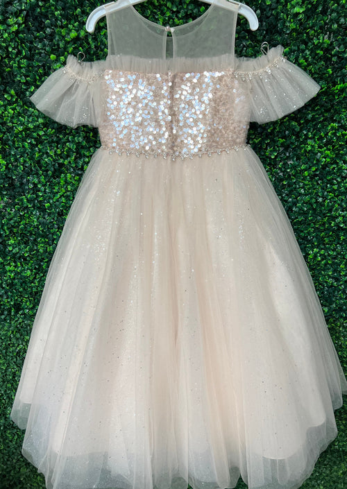 Princess Daliana Petal Sequin Sparkle Cold Shoulder Tulle Gown