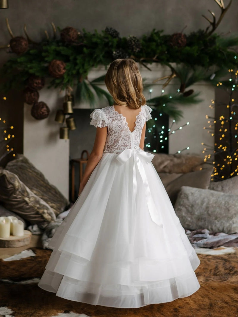 Teter Warm Lace Cap Flutter Sleeve Tiered Gown SK45