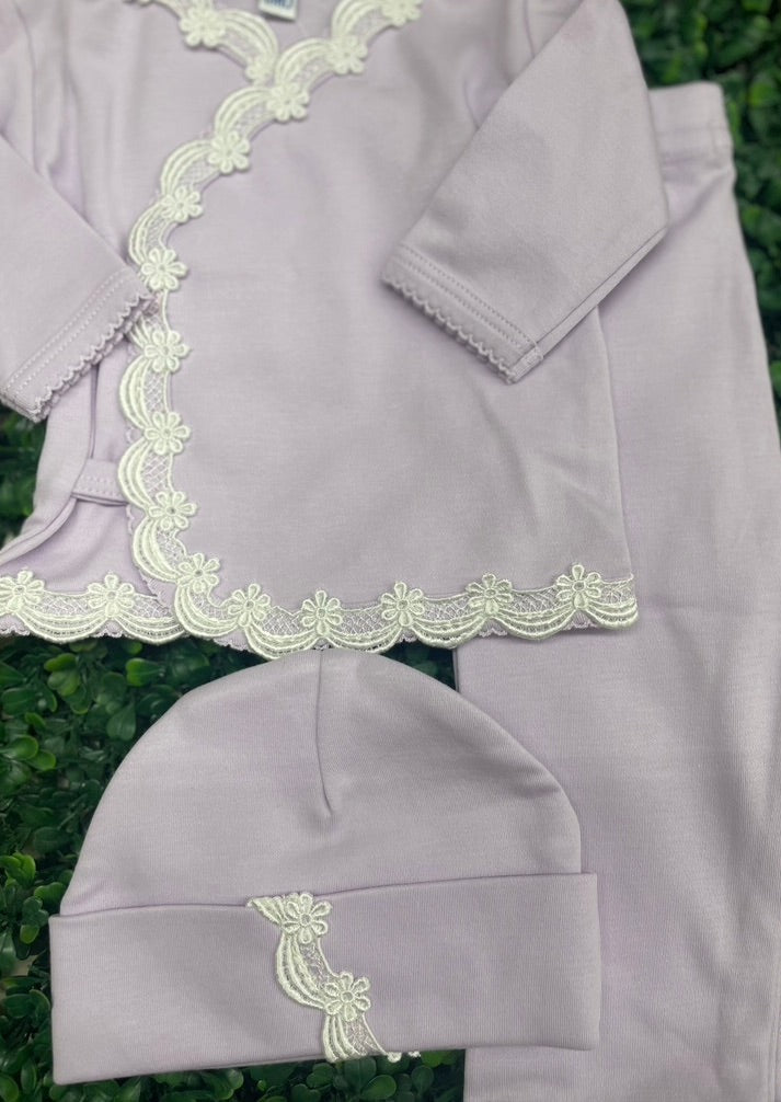 Sippy Baby Girls' Pima Cotton  Lilac 3pc Crochet Lace Set