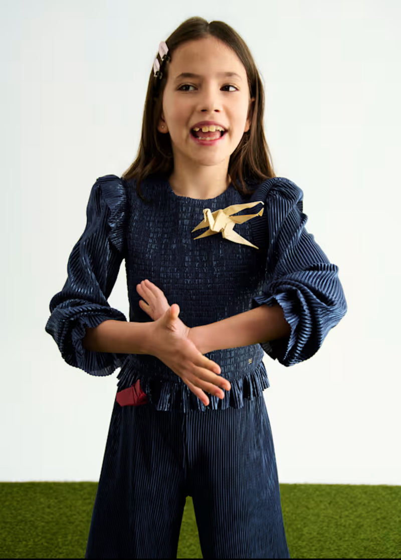 Abel and Lula Girls’ Navy Shimmer Pleated Two Piece Pant Set 5731