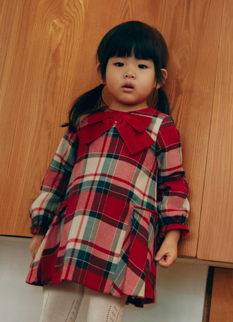 Mayoral Girl’s Red Plaid Dress with Velvet Bow 5509