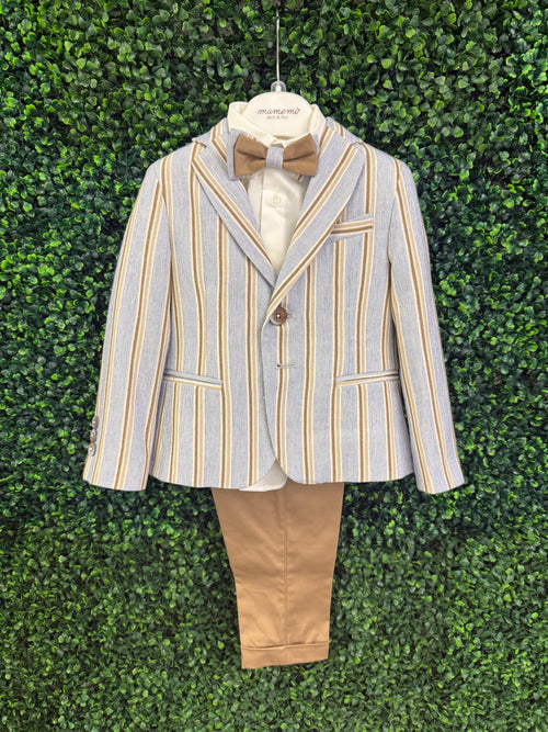 Italian Bimbalo Blue and Brown Striped 5 Piece Linen Suit