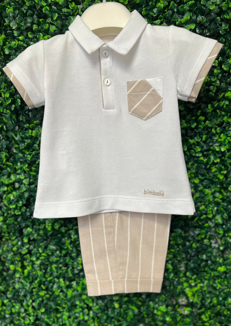 Bimbalo Boys' Beige Striped Linen Pants and Polo Shirt Outfit 6661