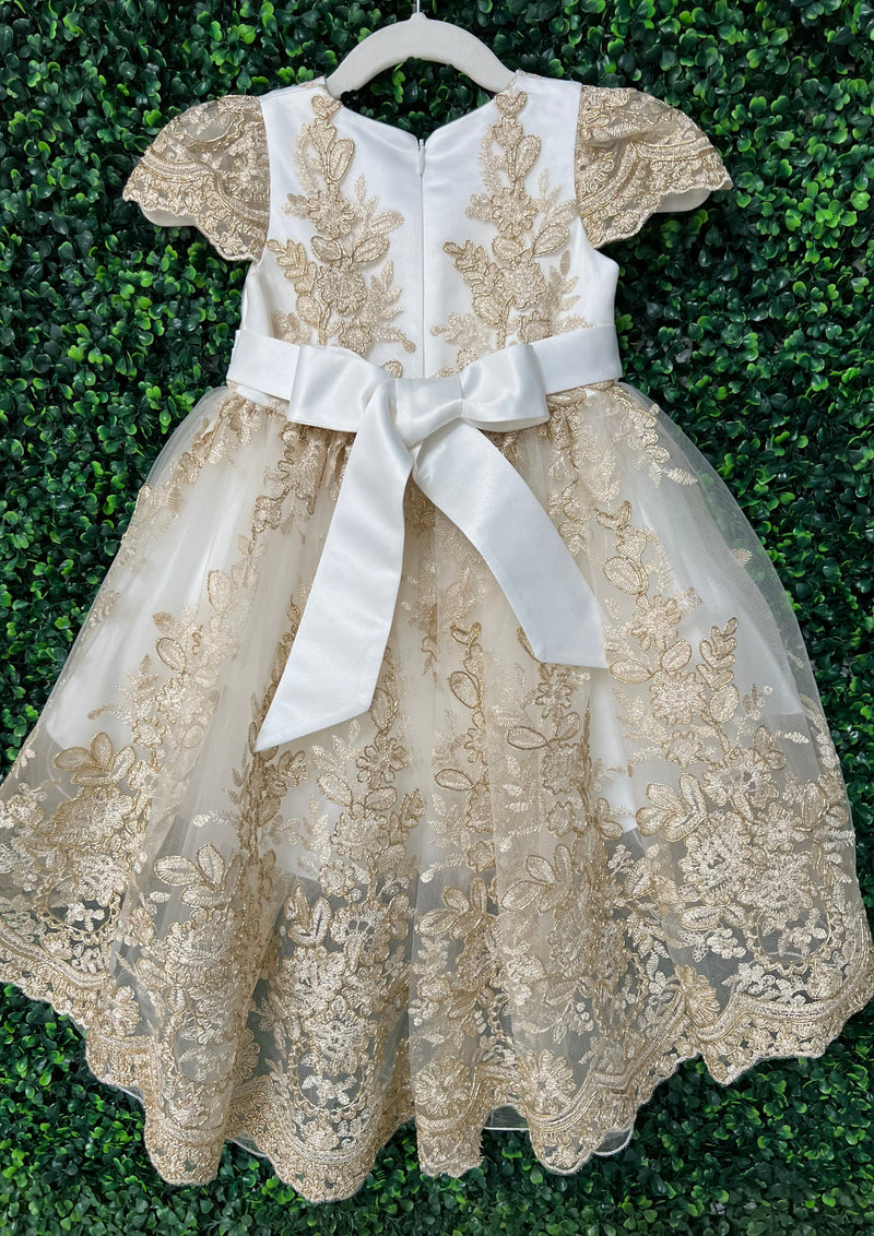 Princess Daliana Gold Embroidered High Low Lace Christening Gown 1059