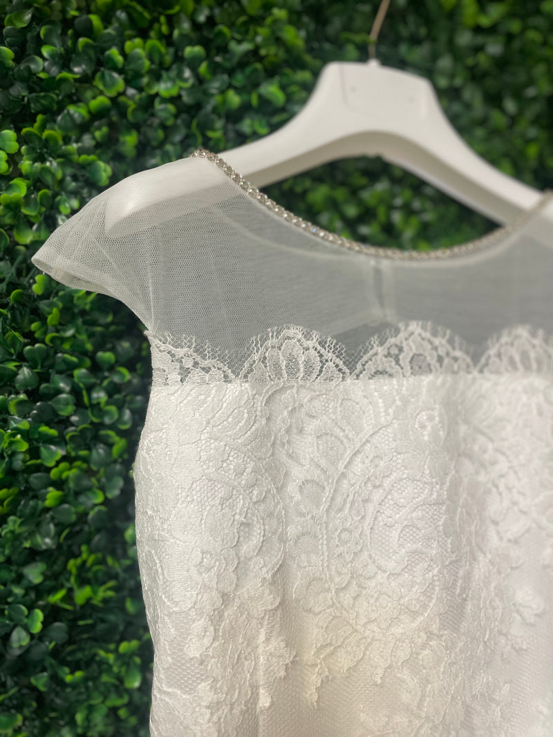 Sara's Exclusive! Michelina Bimbi White Communion Dress with Lace Detail and Adjustable Belt 3412