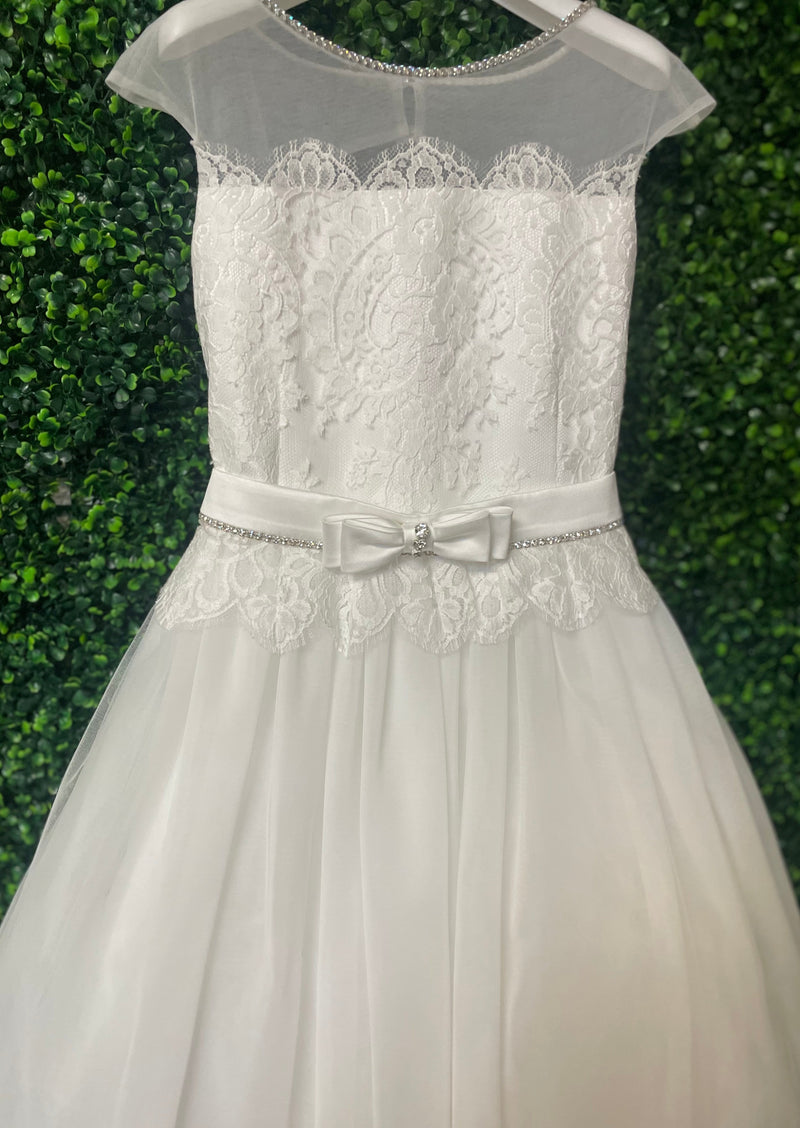 Sara's Exclusive! Michelina Bimbi White Communion Dress with Lace Detail and Adjustable Belt 3412