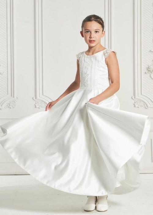 First Communion Princess Dress for Girls with Lace Round Neck Sleevele –  Avadress